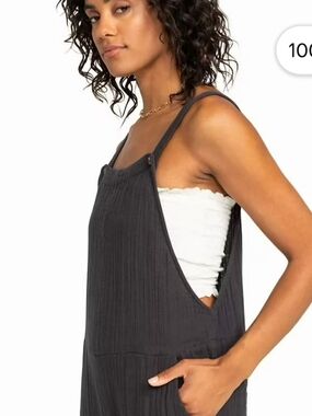 Roxy Black Textured Wide-Leg Jumpsuit Overalls